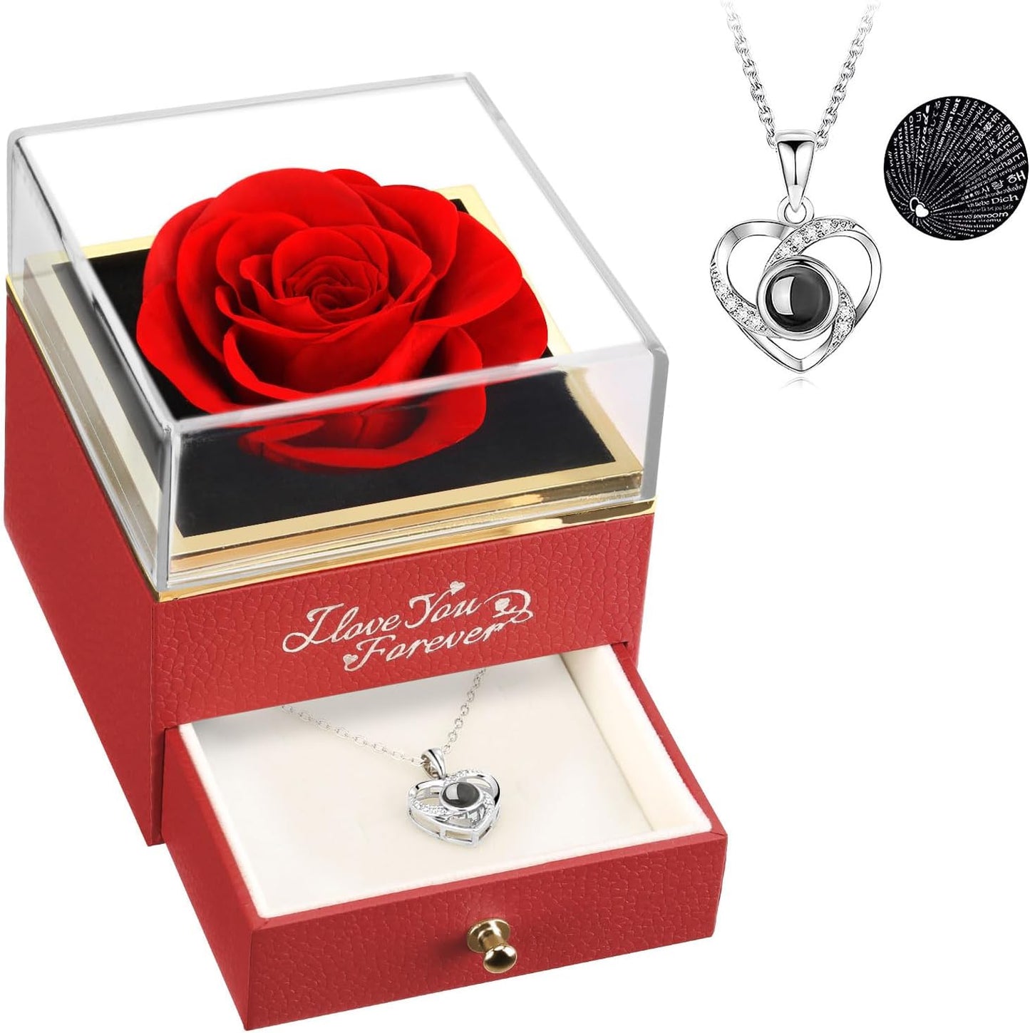 Valentines Day Gifts for Her Preserved Real Red Rose with I Love You Necklace, Forever Flowers Rose Gifts for Mom Wife Girlfriend Mothers Day Christmas Anniversary or Birthday Gifts for Women